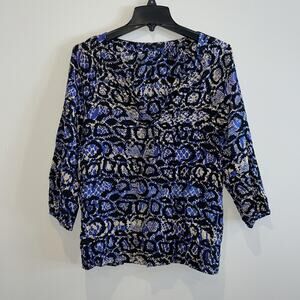 Tibi Blouse Womens Size 6 Blue Black Beige Animal Print Long Sleeve Pullover Top